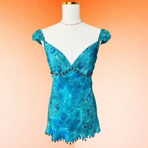 Y2K Vintage Beaded Teal Peacock Silk Mini Dress